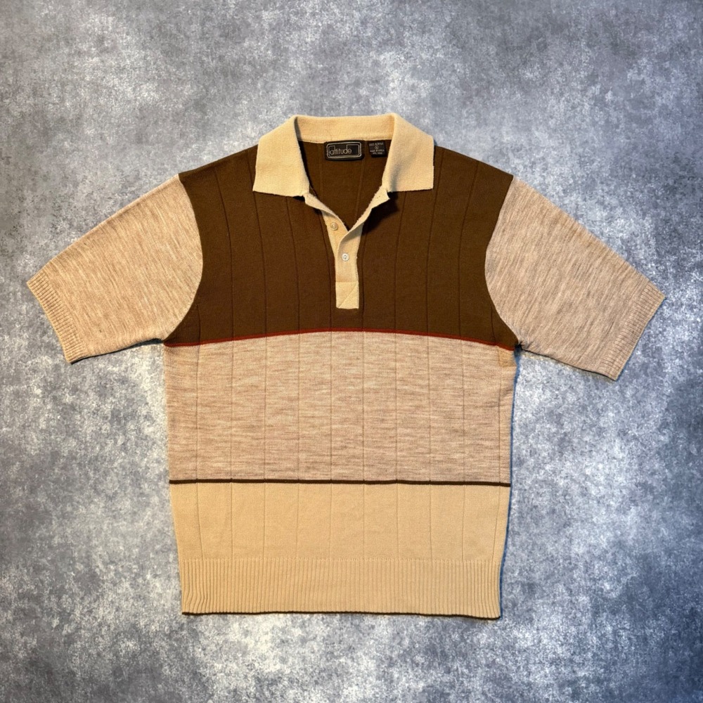 VTG Attitude Mens XL Brown Tan Colorblock Knit Short Sleeve Polo Sweater Shirt